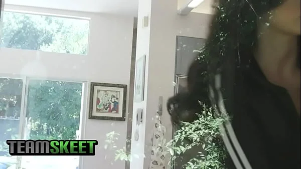 Milf Becky Bandini lets stepson stroke his big boner between her thick thighs until his stepsister catches them in act
