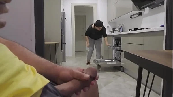 Stepmom caught me jerking off while watching her big ass in the Kitchen.