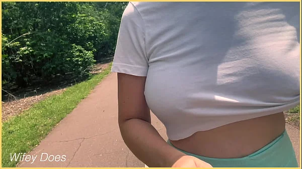 MILF runs braless in public tit flash dare