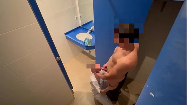 I surprise the gym cleaning girl who when she comes in to clean the toilet she catches me jerking off and helps me finish cumming with a blowjob