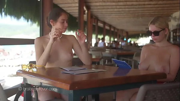 Topless babes at the restaurant