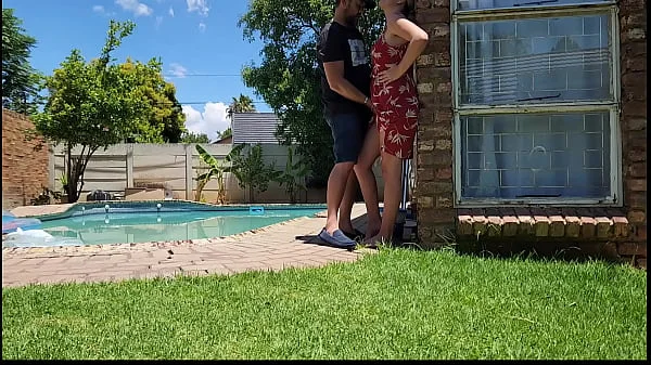 Helping my neighbors wife with her swimming pool,,standing outdoor upskirt fuck