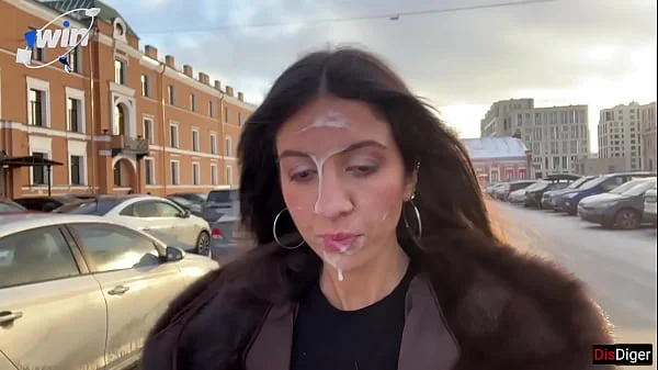 Beauty walks with cum on her face in public, for a generous reward from a stranger - Cumwalk