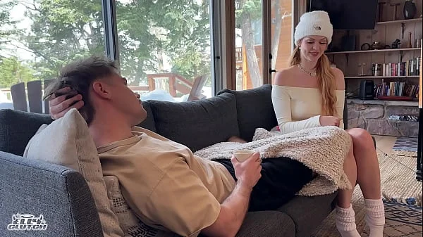 Sneaky log cabin hookup with big titty red head