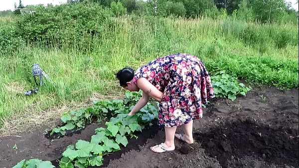 Mature housewife masturbates with a cucumber in the garden outdoors. She leaves the vegetable inside her pussy and goes home. Amateur fetish. PAWG.