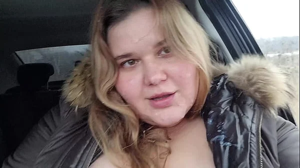 Huge facial of a cute BBW blonde with big breasts in inclement weather