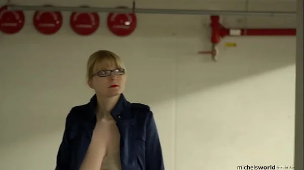submissive woman with big natural breasts exposed in public