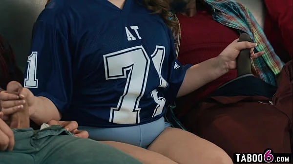 BBW stepdaughter Leana Lovings fucks stepdads friends during the game