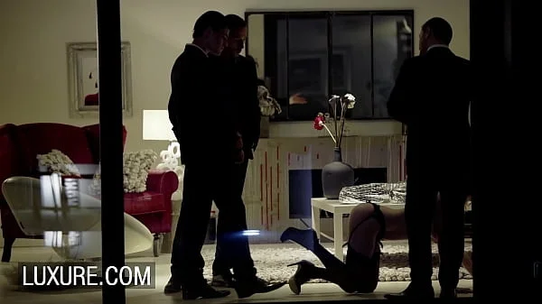 Three guys take turns on Cara Saint-Germain in hot stockings
