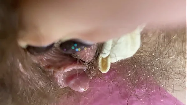 Extreme Closeup Big clit Rubbing orgasm wet hairy pussy