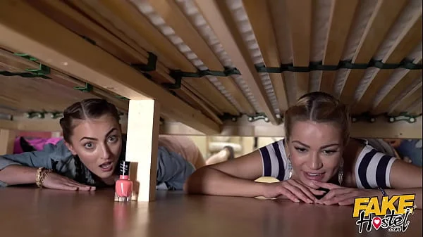 Fake Hostel - Stuck Under A Bed - two petite ass babes get rescued by an unlikely hero with thick cock who fucks them silly in a super hot and funny threesome