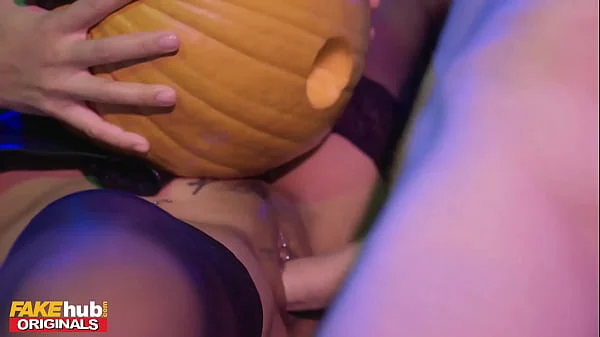 Fakehub Originals - Teen at Halloween College house party sneaky pumps a pumpkin before hot sexy Thai girl in cosplay leaves the party to offer up her tight wet pierced pussy